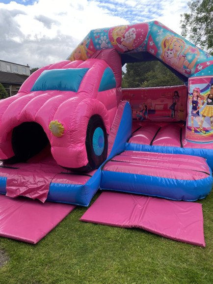 Our Dream Car Bouncy Castle Slide combi is perfect for Barbie fans and their Barbie themed parties!