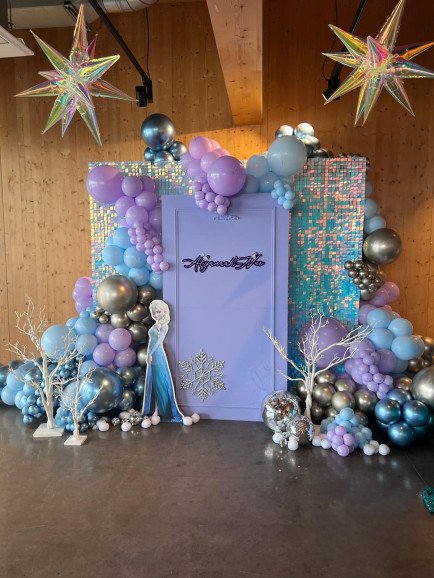 Frozen themed birthday ✨ ❄️ 

Iridescent shimmer wall paired with our ornate sailboard. 
Combination of balloon colours and props to fit the theme of a four-tastic birthday!