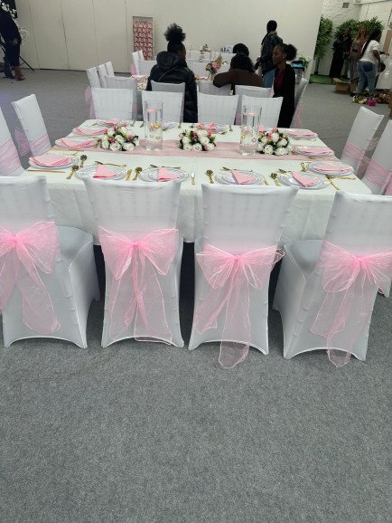 Table cloths, chair covers, chair ties, table runners (Table scaping)