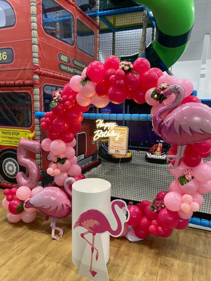 Pink flamingo themed balloon hoop