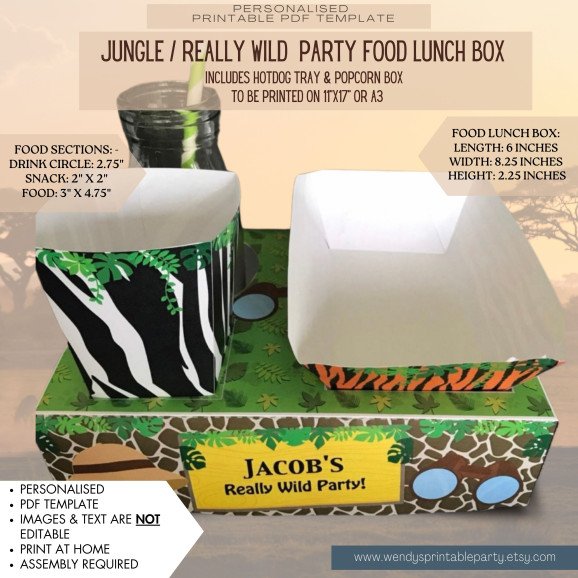 Get ready for a roaring good time with this Personalized Jungle-Themed Party Food Box Set! This PDF template includes a Lunch Box, Hot Dog Tray & Popcorn Box, making it perfect for a Jungle, Safari, or Wild One-themed celebration.