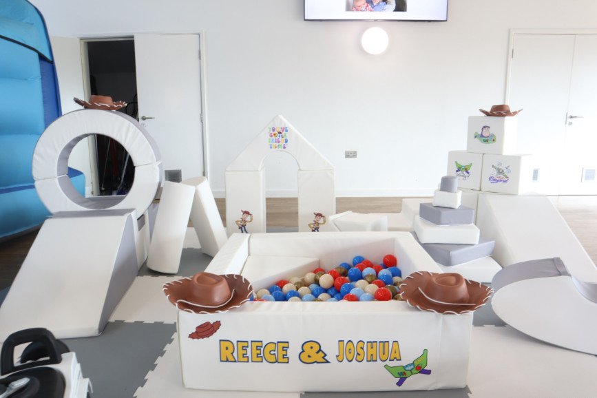 🪅 Our Toy Story Theme 🪅

Our Large Toy Story theme set up comes with 
Toy Story writing on ball pit 
Themed stickers throughout the soft play 
4 Woody Hats 
Themed ball pit balls