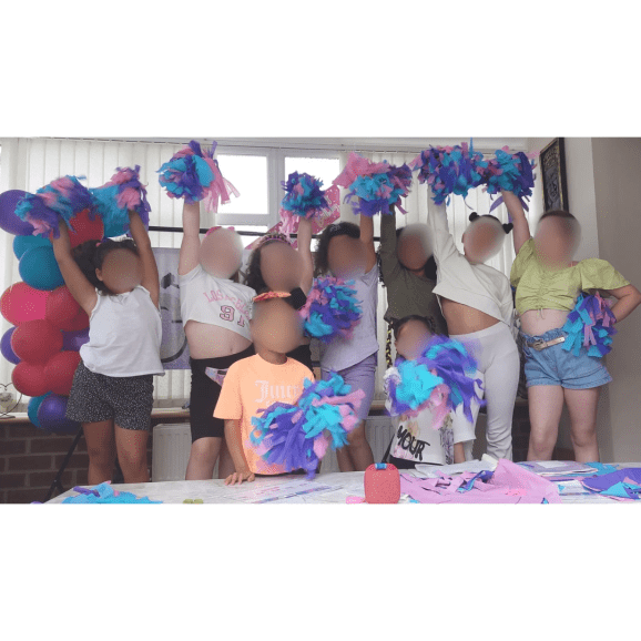 Cheerleader party for an 8 year old, they had such a good time making Pom Poms and learning a cool Pom routine to their favourite song