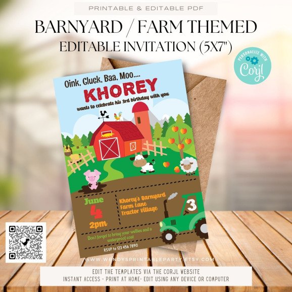 Get ready for a fun-filled farm celebration with this Barnyard-Themed Birthday Invitation Template! Perfect for a farm, farmer's market, or barnyard-themed party, this adorable invite sets the tone for a barn-tastic event!