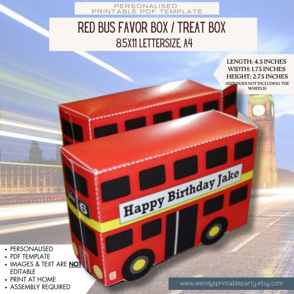 All aboard! This Personalized Printable Big Red Bus Favor Box is the perfect addition to any London, vehicle, or transportation-themed party! Fill it with small toys, treats, candy, and more for a fun and unique party favour.