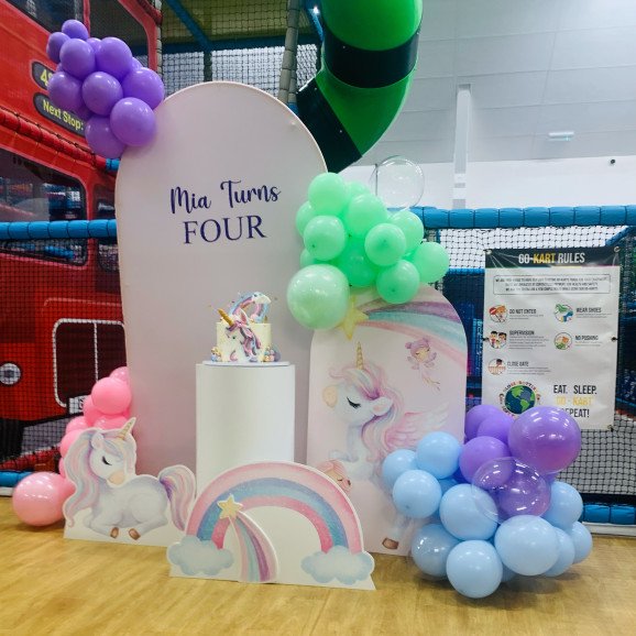 Unicorn themed balloon backdrop