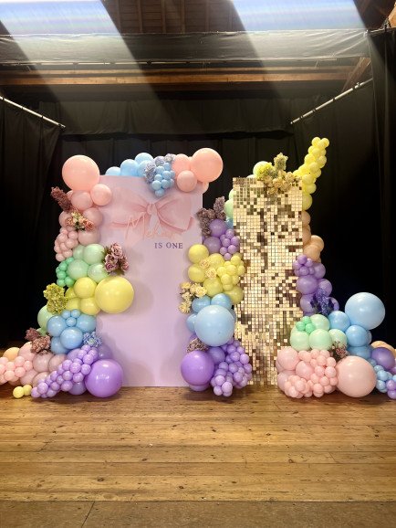 Pastel first birthday: 

Combination of pastel balloon colours with a personalised backdrop, alongside the mini shimmer wall. 

Let’s not forget the florals too x