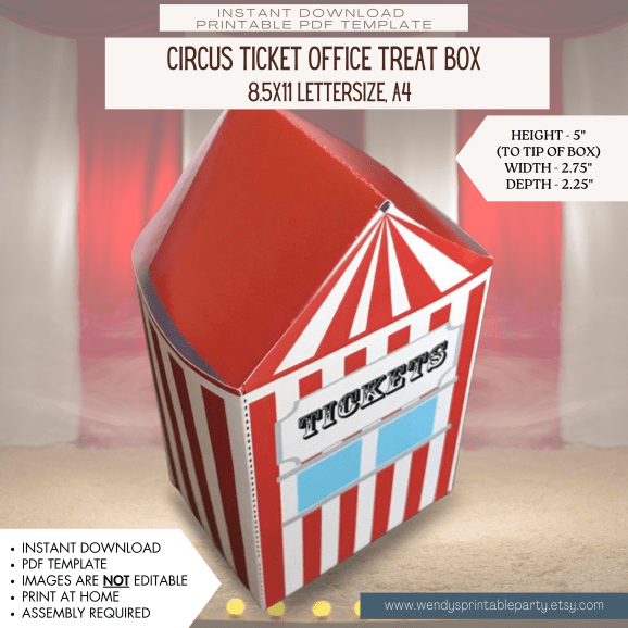 🎪 Printable Ticket Office Treat Box 🎟️ Step right up! This PRINTABLE Circus Tent/Ticket Office Treat Box is the perfect addition to any circus or funfair-themed party. Fill it with small toys, treats, candy, and more for a fun and festive party favour!