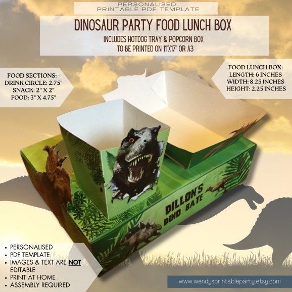 Get ready for a prehistoric party adventure with this Personalized Dinosaur-Themed Party Food Box Set! This DIY printable includes a Lunch Box, Hot Dog Tray & Popcorn Box, making it the perfect addition to any dinosaur or explorer-themed celebration!