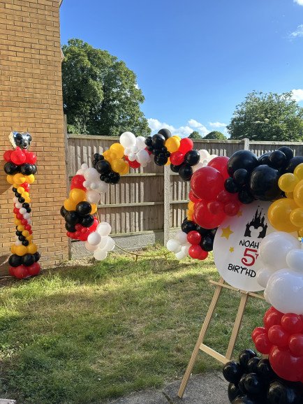 Balloon theming example - column, arch & welcome sign.