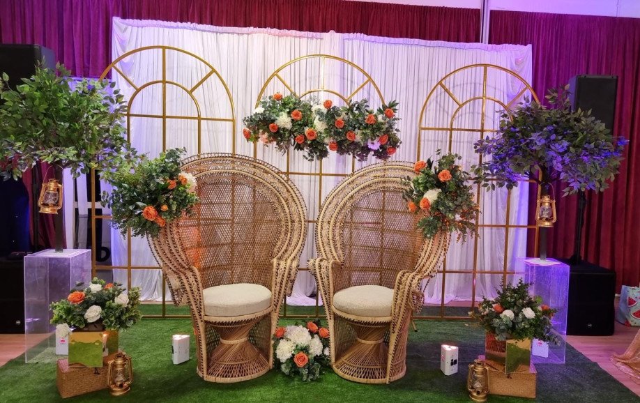 Peacock chairs, backdrops for baby showers and traditional weddings