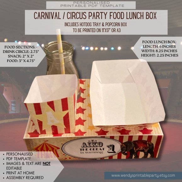 Step right up! 🎉 This Personalized PDF Template includes a Vintage Circus/Carnival-Themed Lunch Box, Hot Dog Tray & Popcorn Box, perfect for a Dumbo, Greatest Showman, or classic carnival party!