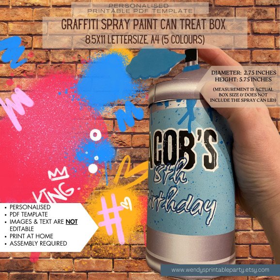 🔥 Add a splash of creativity to your party with these custom graffiti-style spray paint can treat boxes! Perfect for birthdays, urban-themed events, or any celebration that needs a cool street-art vibe! 🎨✨